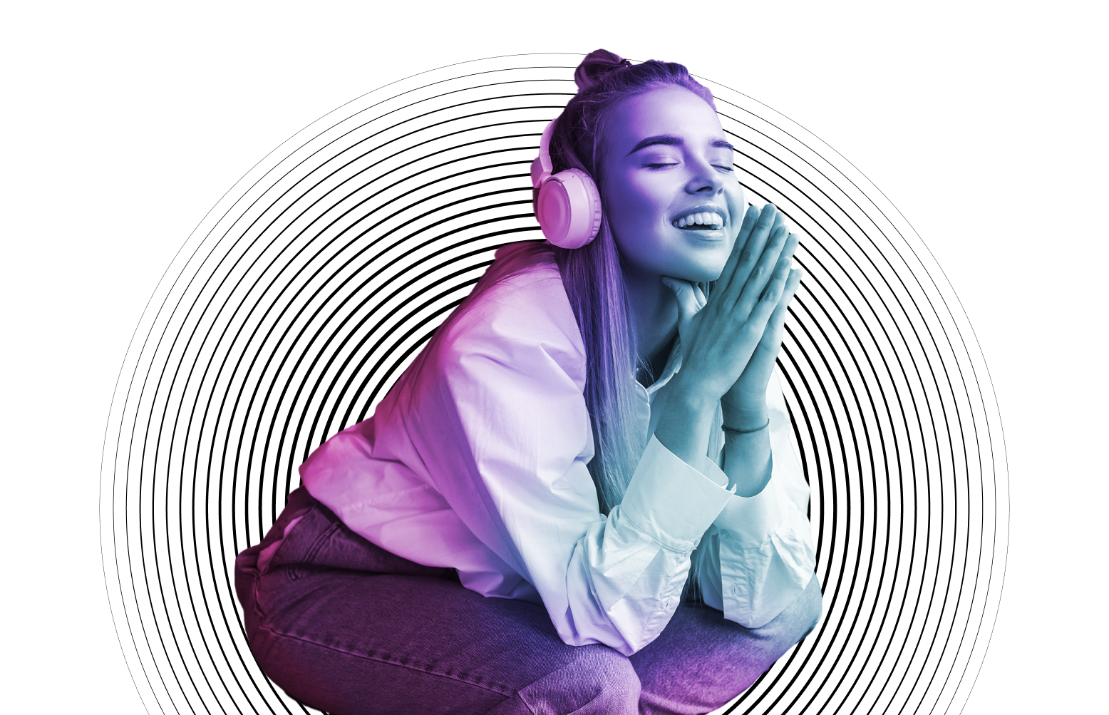 Woman smiling wearing headphones holding hands in a prayer position