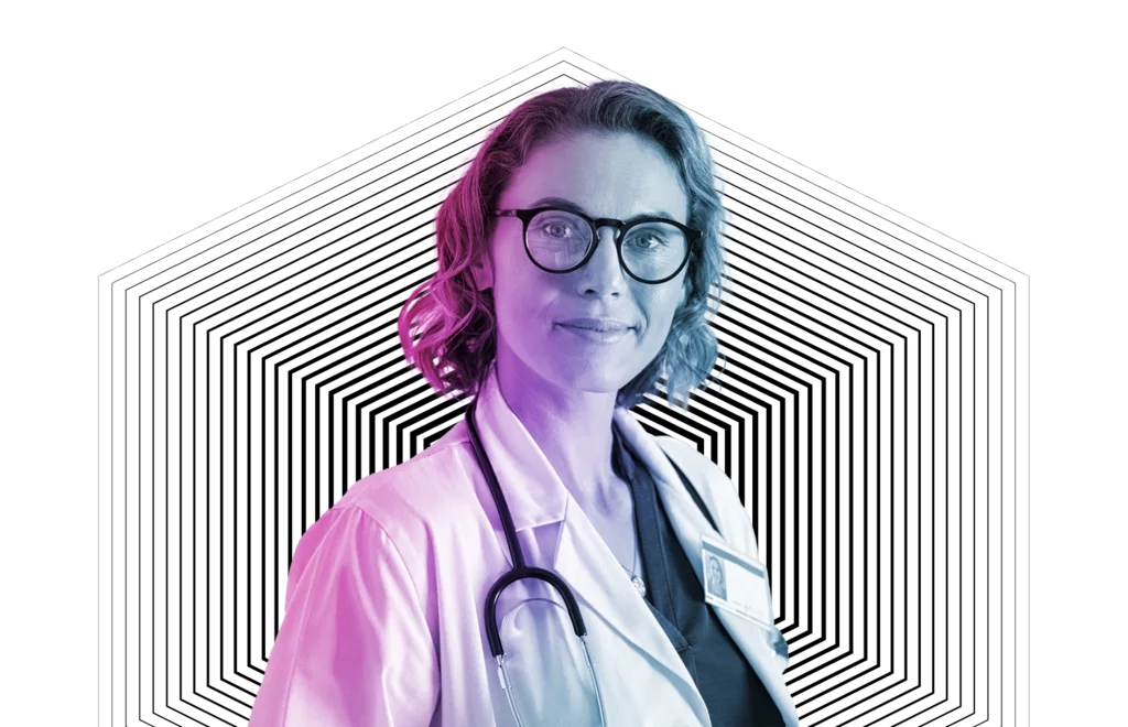 Woman doctor wearing glasses and a stethoscope around her neck